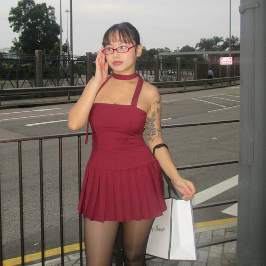 Cherry Pleated Mini Dress